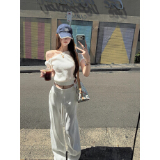 批发Tongiiuu 私服日常 斜领露肩短袖T恤女宽松直筒休闲阔腿裤套装夏