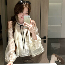 批发PtonUmi早纪春奈 露肩<b class='q'>波点</b><b class='q'>衬衫</b>女超好看显瘦上衣夏气质温柔娃娃衫
