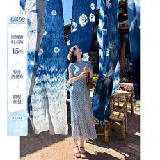 批发新中式国风蕾英俊【松涧照】复古波点<b class='q'>改良</b><b class='q'>旗袍</b>裙夏收腰水滴领长裙