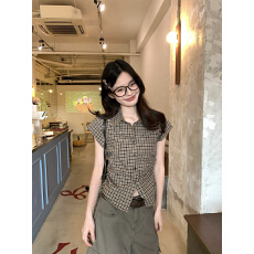 批发宋正恩咖色格子polo领短袖衬衫女夏季韩系修身显瘦收腰衬衣小上衣