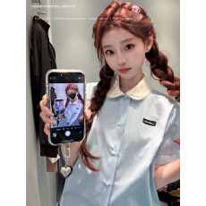 批发COOLLINE林子熙 钟爱<b class='q'>娃娃领</b> 26miu蓝色短袖<b class='q'>衬衫</b>/两色半身裙套装