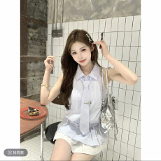 批发麻吉麻吉mochi夏日海盐夏日韩系衬衫款式无袖<b class='q'>条纹</b>假两件连衣