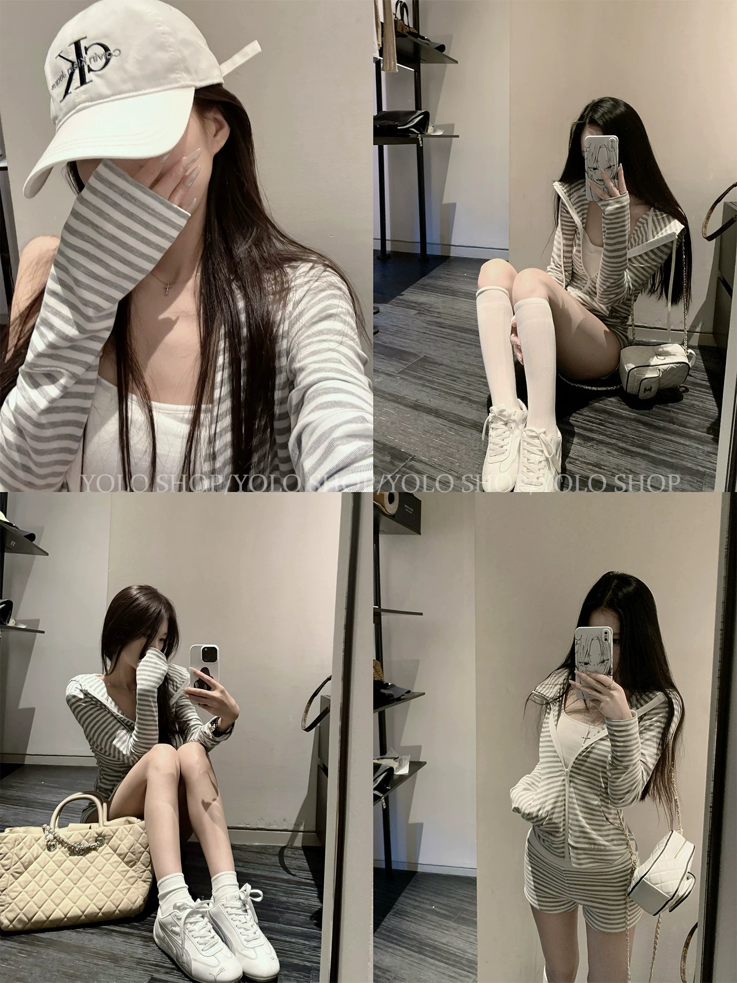 yolo shop 한 부서 느긋한 느슨함 센스 스트라이프 오픈 가디건 반바지 세트 여성 여름 캐주얼 바람 니트 세트