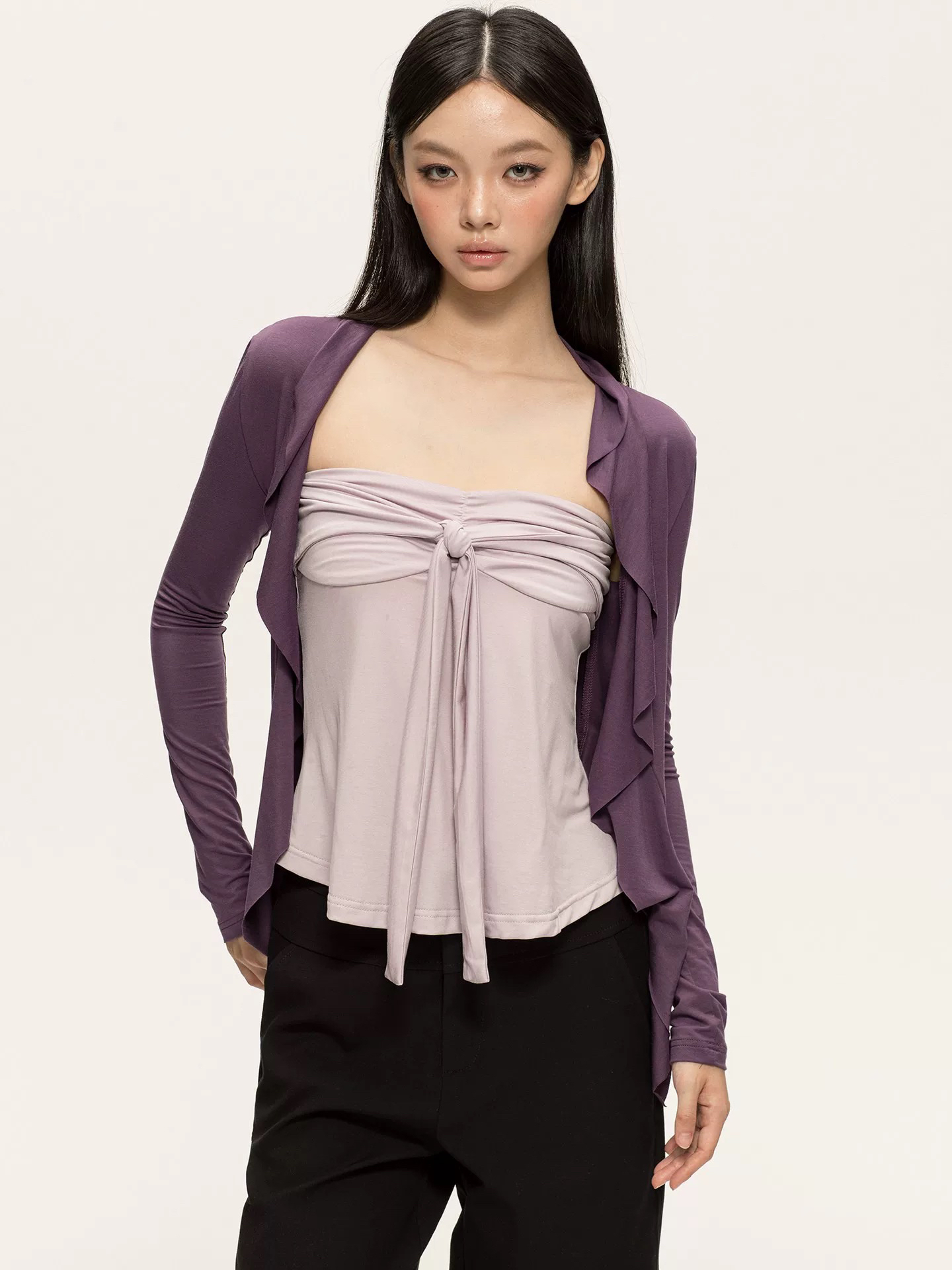 주간 실크 모달 디자인 센스 스트랩 튜브탑 보라색 자외선 차단 니트 오픈 가디건 여성 여름 세트