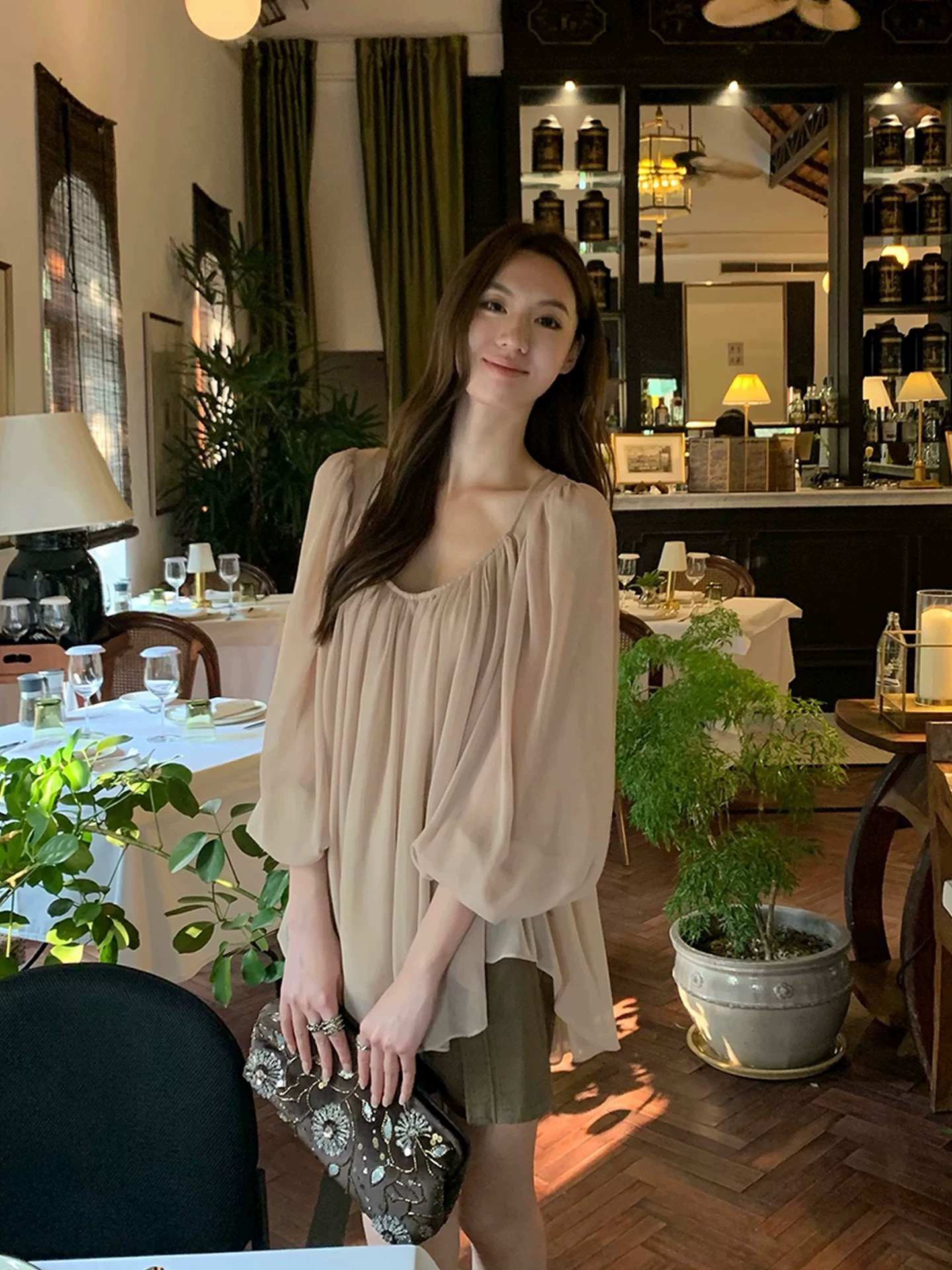 zhaiaiaia 안개 살구 와이드 밑단 핀치 Pleat 쉬폰 블라우스