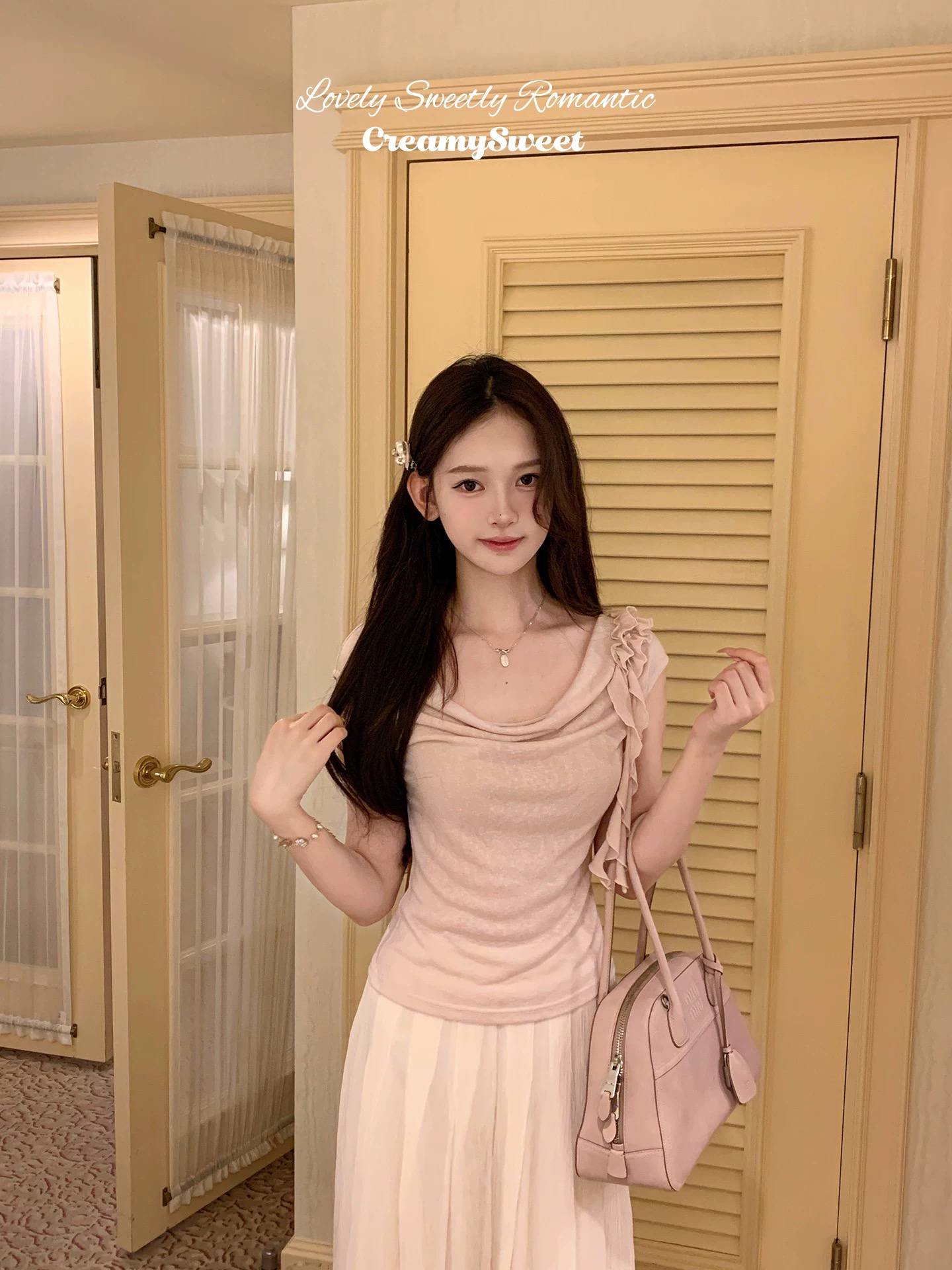 creamysweet Jiaojiao 센스 흔들다 칼라 주간 실크 양모 프릴 흔들다 칼라 맨위 여성 부드러운 허리 수축 티셔츠