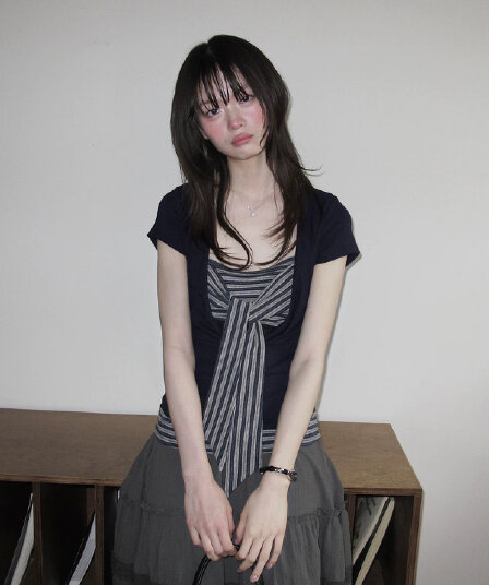 다우 시시 일광 틈 블루 레트로 학원 스타일 가슴 나비 레이스업 맨위 여름 허리 측면 펌프 Pleat 티셔츠