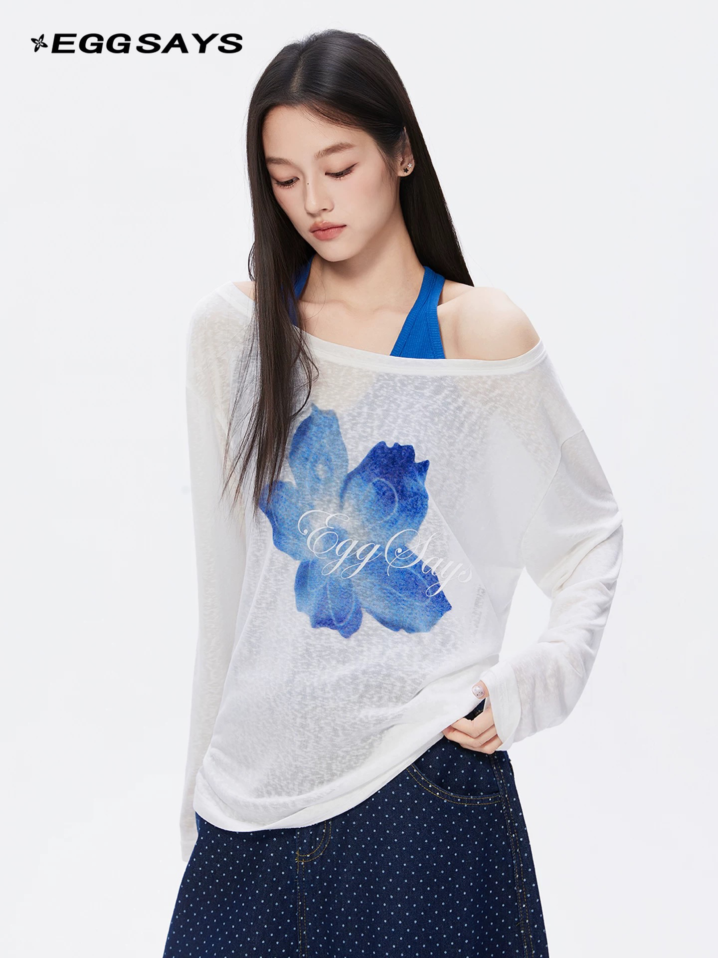 eggsays 긴팔 자외선 차단 블라우스 여성 여름 투피스 조끼 한 부서 꽃 주간 실크 Tulle 비스듬한 어깨 의류