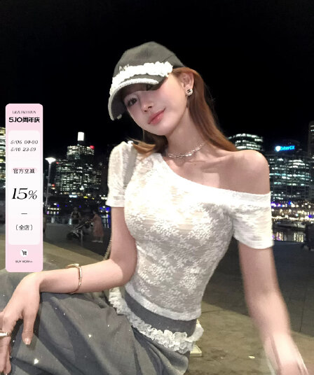 리 부드럽게 6 월 하나 의류 세 착용 오리지널 작은 대중 디자인 비스듬한 어깨 레이스 티셔츠 여성 몸매 가꾸기 슬림해 보이는 반팔 맨위