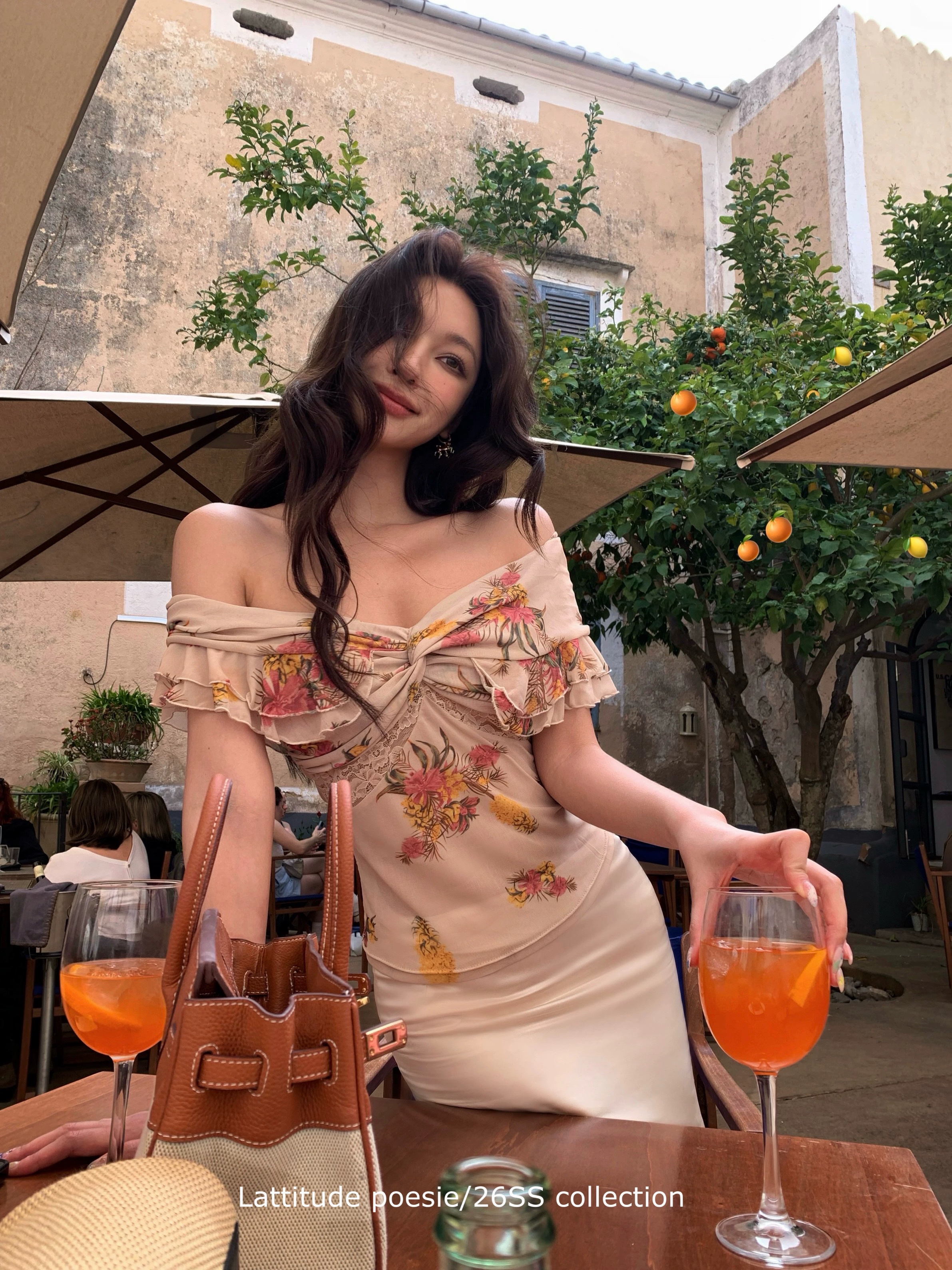 lattitude 양 작은 왜가리 gardenia 수공 명중 Pleat 프릴 오프숄더 3 차원 프린트 맨위 여성
