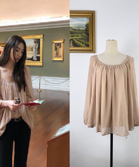 zhaiaiaia 안개 살구 와이드 밑단 핀치 Pleat 쉬폰 블라우스