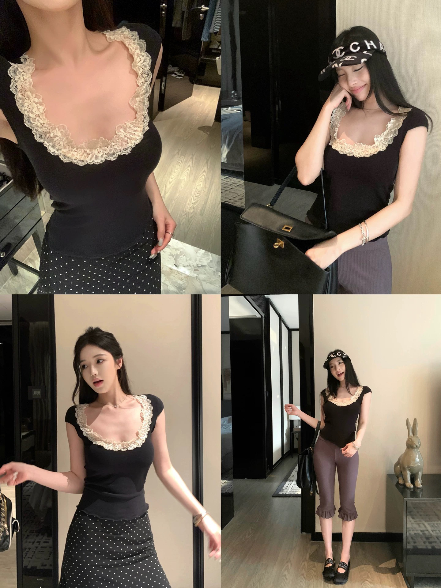 wuu2sweet 우 너무 달콤한 대 u 칼라 레이스 측면 반팔 티셔츠 여성 여름 몸매 가꾸기 슬림해 보이는 허리 수축 순수한 욕망 맨위