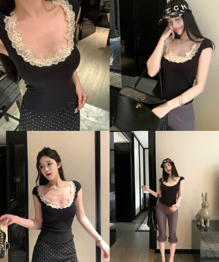 wuu2sweet 우 너무 달콤한 대 u 칼라 레이스 측면 반팔 티셔츠 여성 여름 몸매 가꾸기 슬림해 보이는 허리 수축 순수한 욕망 맨위