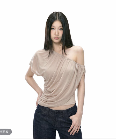 withmin 차가운 가죽 여름 핫걸 단색 섹시함 주름 비스듬한 칼라 오프숄더 반팔 티셔츠 j2651812