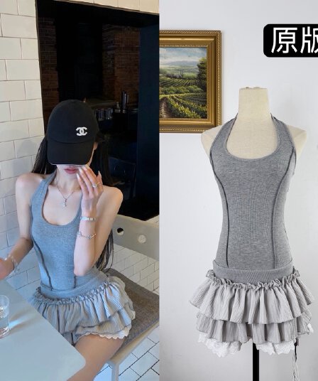 0ope 사설 서비스 한 여성 회색 행침 목 몸매 가꾸기 케이크 드레스 섹시함 핫걸 허리 수축 민소매 쇼트 스타일 드레스