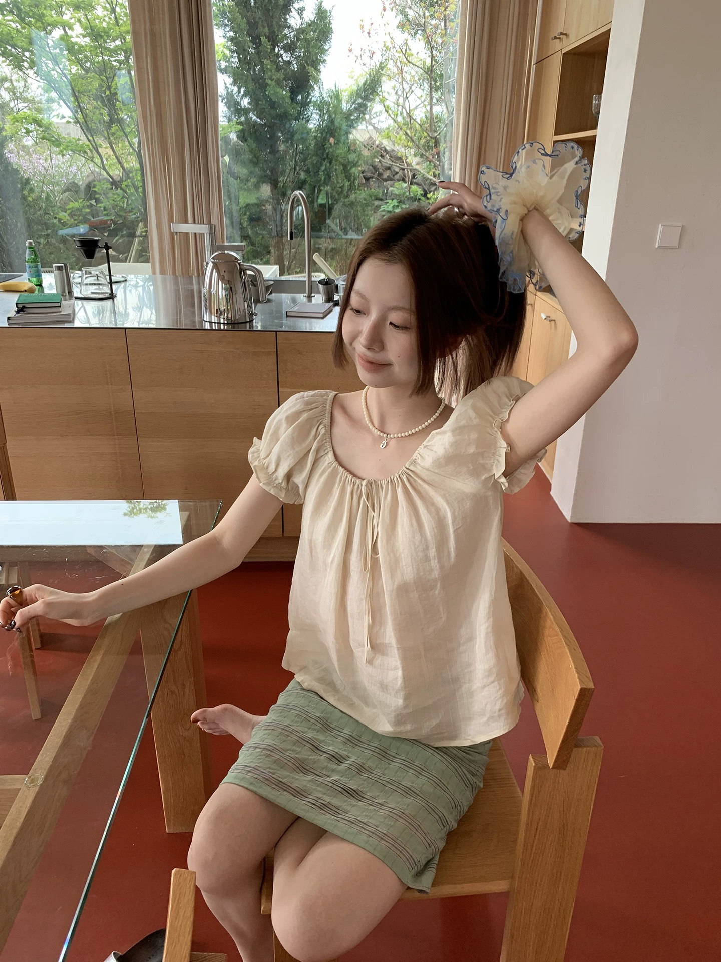 helloooeat 라미 밴딩 광장 칼라 레이스업 거품 소매 맨위 프로 피부 마이크로 ~을 통해 반팔 셔츠