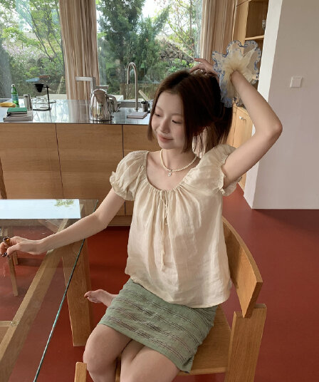helloooeat 라미 밴딩 광장 칼라 레이스업 거품 소매 맨위 프로 피부 마이크로 ~을 통해 반팔 셔츠