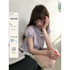 批发RAINY <b class='q'>甜美</b>复古学院风双排扣小衫夏季女娃娃领泡泡袖文艺格纹衬衫