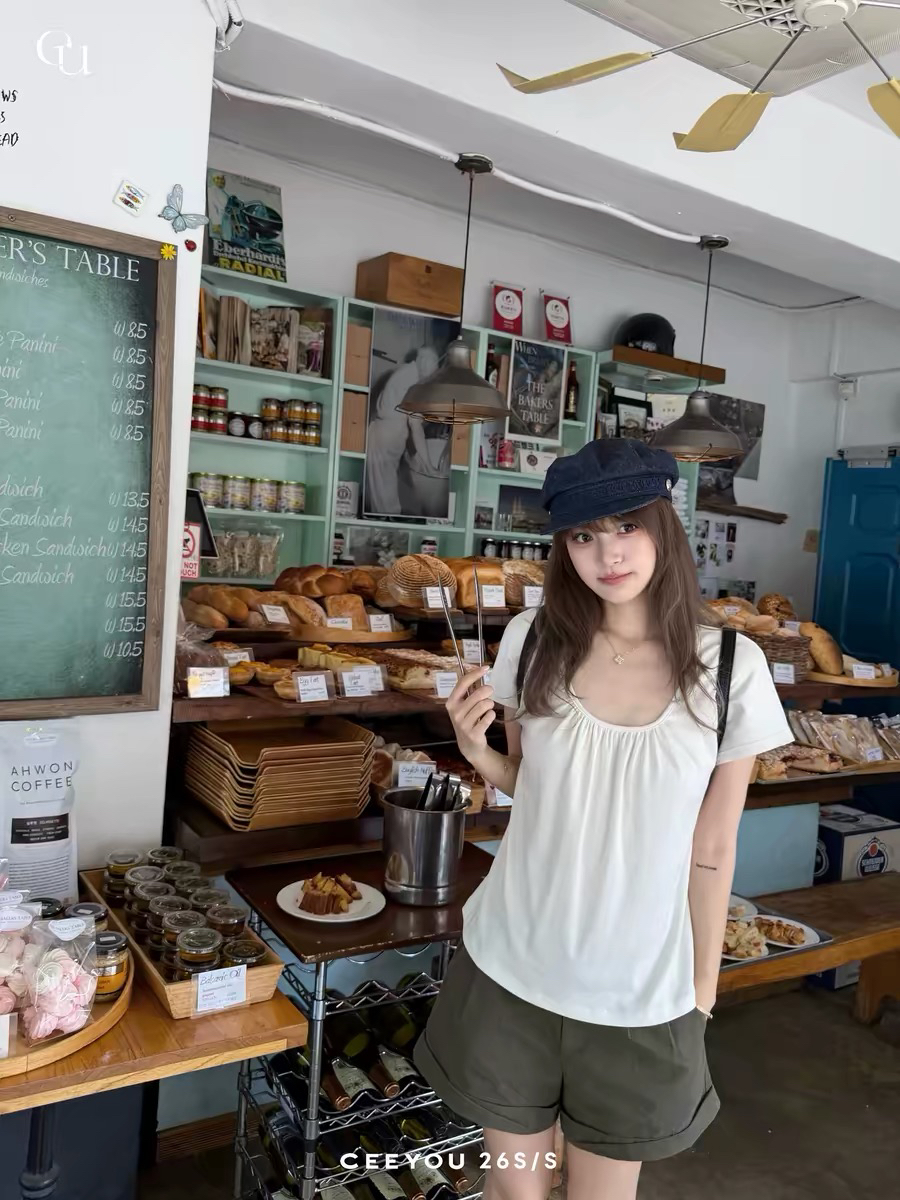 ceeyou 차가운 센스 고급 빗질된 면 핀치 Pleat u 칼라 반팔 티셔츠 여성