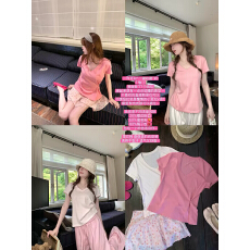 批发PtonUmi不同程度粉~ V领雪花棉微正肩短袖T恤女韩版<b class='q'>上装</b>宽松<b class='q'>上衣</b>