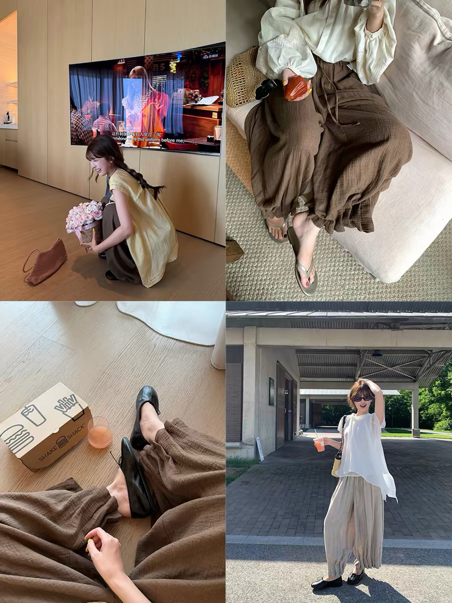 im ~까지 고대 나무 얕은 시리아 나무 껍질 질감 리넨 면화 꽃밭 바지 여성 명중 Pleat 루즈핏 슬림해 보이는 캐주얼 9부 바지