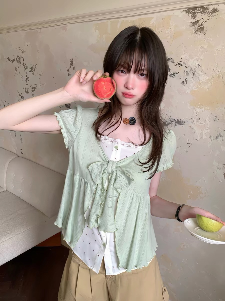 다우 시시 주간 모 콩 그린 바람 일본식 박하 녹색 페이크 레이어드 u 칼라 맨위 여름 가슴 부서 나비 매듭 세트