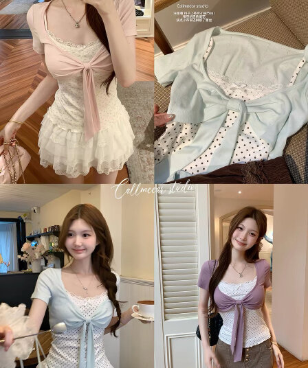 callmeear 배색 나비 매듭 티셔츠 패치워크 디자인 센스 페이크 레이어드 u 칼라 반팔 맨위 여성 여름