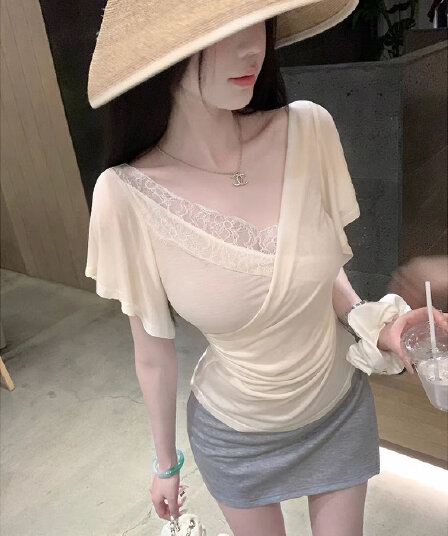 우아한 조 부드러운 구름 측면 여름 새로운 반팔 티셔츠 주간 실크 아세트산 뽕나무 누에 실크 V넥 레이스 레이스 맨위 여성