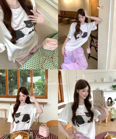 화이트 워터 여성 야옹 야옹 일기 고양이 프린트 라운드 넥 티셔츠 여성 여름 한 부서 귀여운 루즈핏 느긋한 센스 맨위