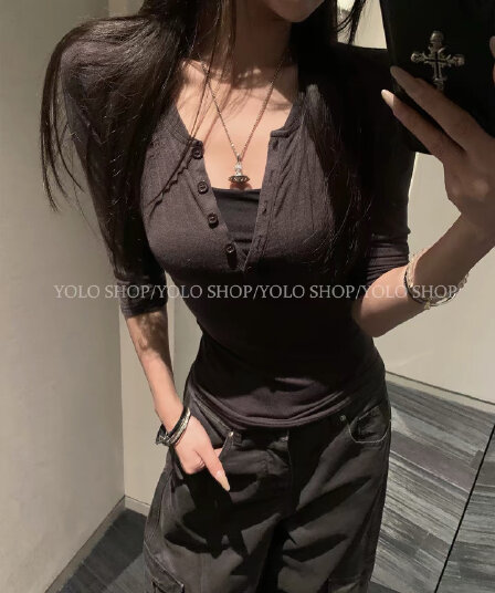 yolo shop 주간 실크 양모 헨리 칼라 몸매 가꾸기 슬림해 보이는 만나는 맨위 고급 센스 품격 중간 소매 티셔츠 여성