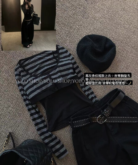 yolo shop 8 06 신제품 95 접기 남자 찢어짐 여성 주님 스트라이프 라운드 넥 쇼트 스타일 오픈 가디건 스택 착용 맨위