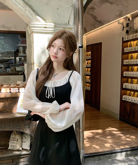 callmeear 화이트 티 블랙 숙련 된 슬림해 보이는 슬립 드레스 루즈핏 긴팔 맨위 이른 가을 투피스 세트