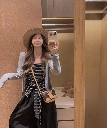 yukiss 스키니 투피스 세트 스트라이프 허리 수축 슬립 표지 고기 자외선 차단 오픈 가디건