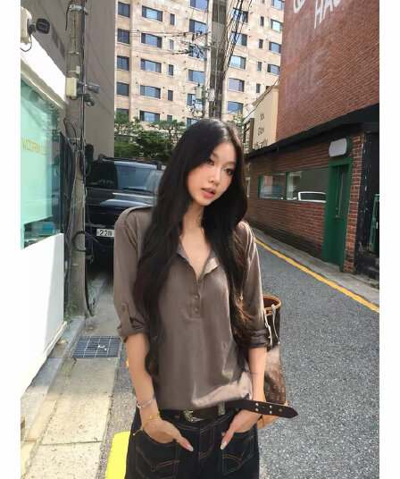차가운 가죽 itspipi 暮 회색 브라운 느긋한 센스 폴로 칼라 맨위 여성 루즈핏 슬림해 보이는 긴팔 커피 색상 캐주얼 셔츠