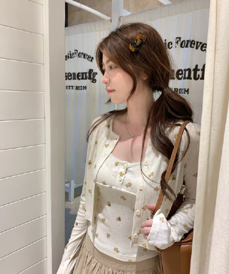 ptonumi 작은 곰 마음 오리지널 프린트 살구 색상 7부 소매 맨위 여성 이른 가을 조끼 슬립 오픈 가디건 세트