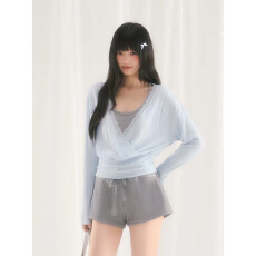 批发weekendhub春季V领收腰罩衫<b class='q'>吊带</b>两件套上衣<b class='q'>女</b>蕾丝拼接气质长袖t恤