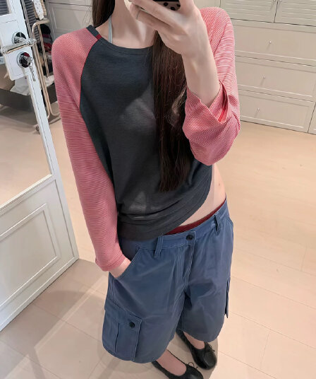 레일 있음 왜요? 회색 라스베리 단편화 레트로 배색 핀 스트라이프 패치워크 긍정적 인 어깨 쇼트 스타일 만나는 얇고 가벼운 맨위