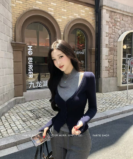 farte shop 서울 유럽 니켈 회색 조끼 V넥 파란색 오픈 가디건 두 조각 여성 세트 봄 가을 맨위