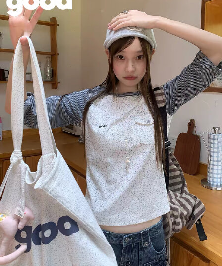아름다운 스토어 meihaostore 길모퉁이 ~ 중 오래된 서점 꽃무늬 패치워크 스트라이프 삽입 어깨 5 점 소매 티셔츠