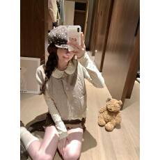批发PtonUmi奶芙啵啵 波点<b class='q'>娃娃领</b>长袖<b class='q'>T</b>女秋冬木耳花边内搭上衣打底衫