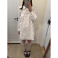批发PlaceOrder 韩系灯芯绒碎花泡泡袖包扣娃娃裙女秋宽松百搭连衣裙
