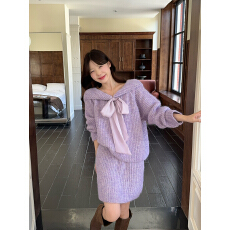 批发实拍实价~ 秋冬新款法式<b class='q'>甜美</b>慵懒风软糯蝴蝶结毛衣针织套装两件套