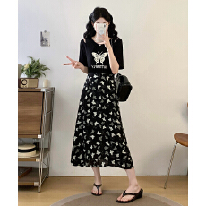 批发实拍<b class='q'>高端</b>大码女装拼接蝴蝶印花显瘦<b class='q'>连衣裙</b>胖mm宽松圆领休闲长裙