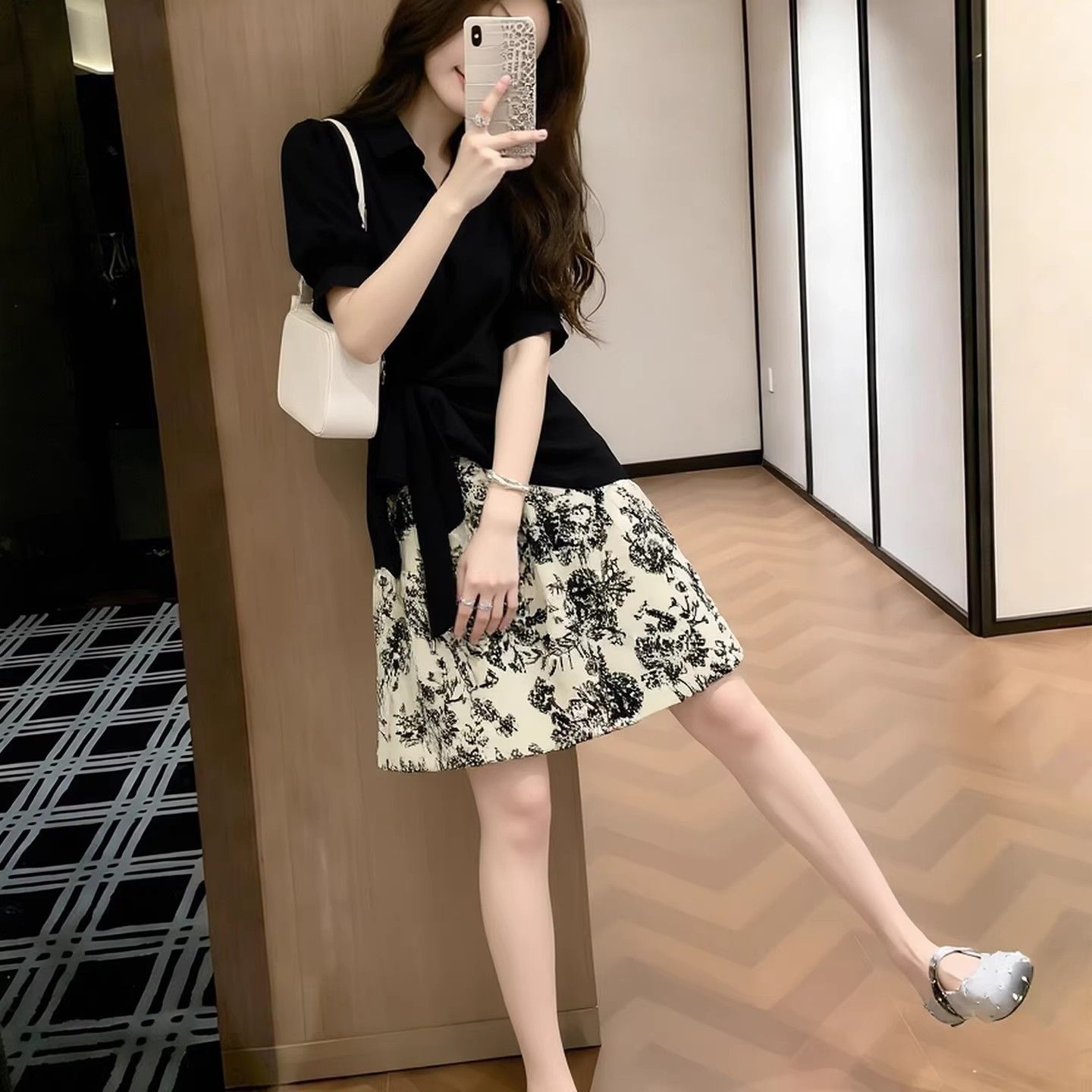 경관 인터넷 그림 여름 빅 사이즈 마이크로 지방 새로운 중식 잉크 페인팅 패치워크 드레스 허리 수축 슬림해 보이는 연령 감소 치마