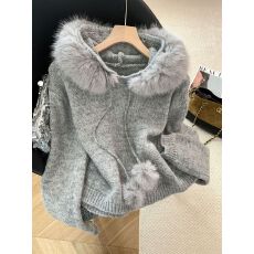 批发新款连帽短款美拉德针织套头外套女小个子毛领洋气毛衣