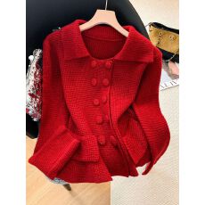 批发加厚版法式气质翻领双排扣细闪毛衣<b class='q'>女</b>秋冬收腰显瘦长袖上衣