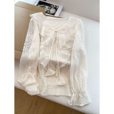 批发韩版<b class='q'>宽松</b>显瘦V领绑带蕾丝衫女春季新款设计感荷叶领绣花洋气小衫