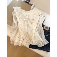 批发杏色荷叶边立体花朵长袖<b class='q'>衬衫</b>女上衣小个子春季超火减龄<b class='q'>衬衣</b>