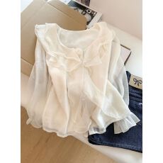 批发杏色荷叶边立体花朵长袖衬衫<b class='q'>女</b>上衣小个子春季超火减龄衬衣