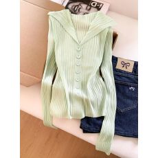 批发小清新翻领纯色竖坑条针织开衫女春季<b class='q'>甜美</b>软糯小个子上衣外套